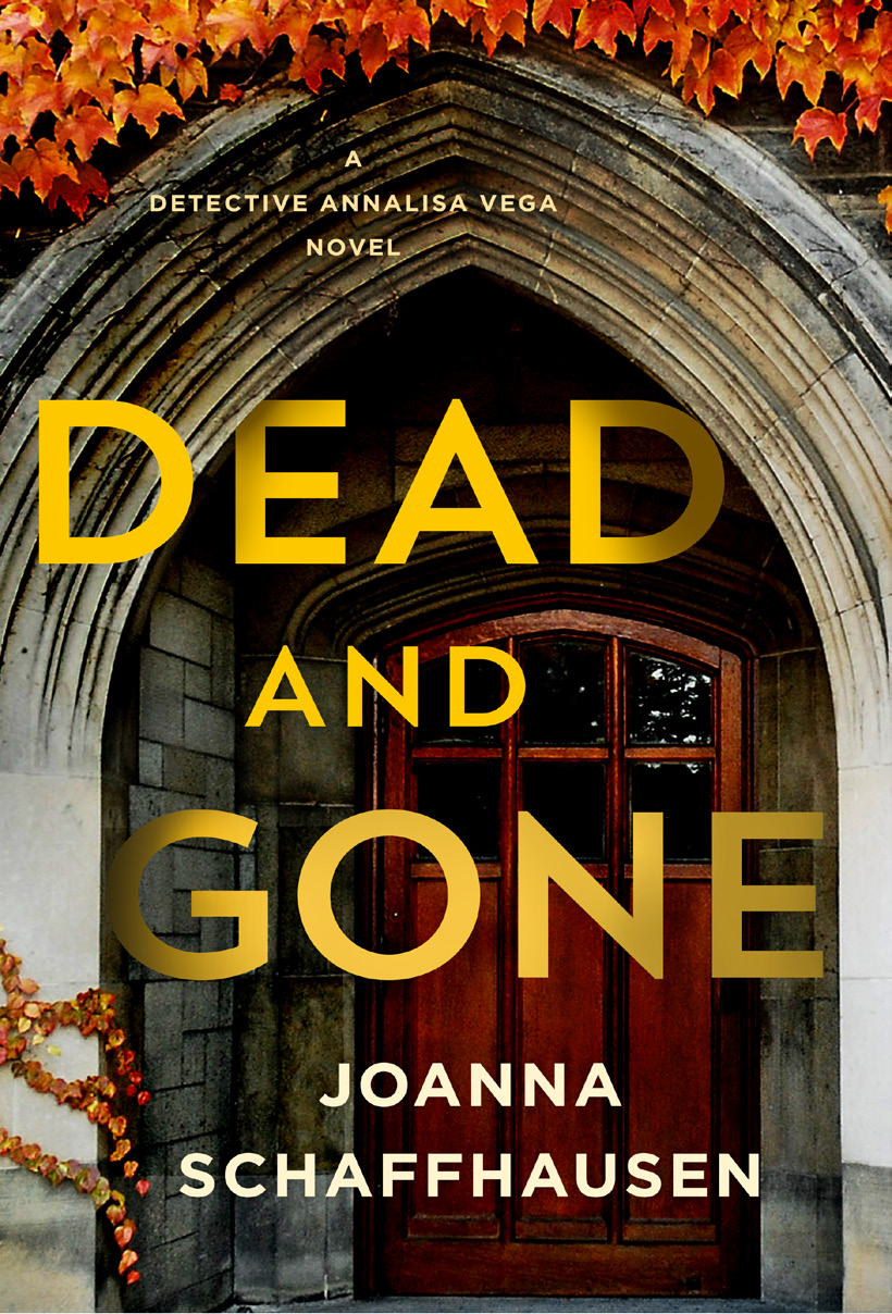 Cover for Dead and Gone shows a door from an old university building surrounded by fall leaves.